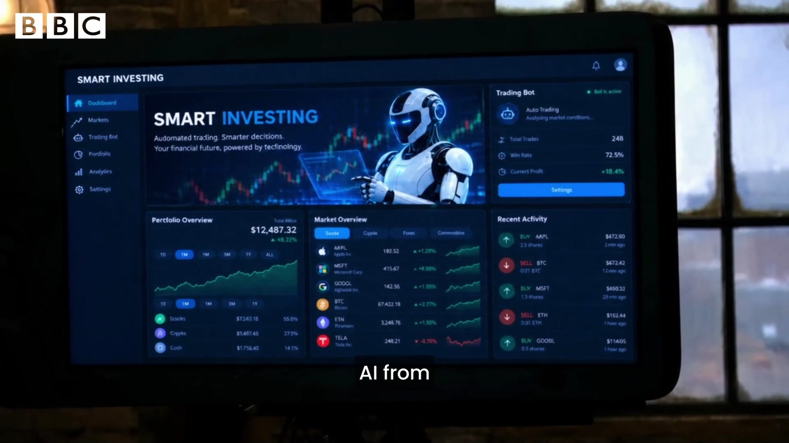 Close-up of the Smart Investing dashboard shown during the pitch, with the AI robot avatar and candlestick charts