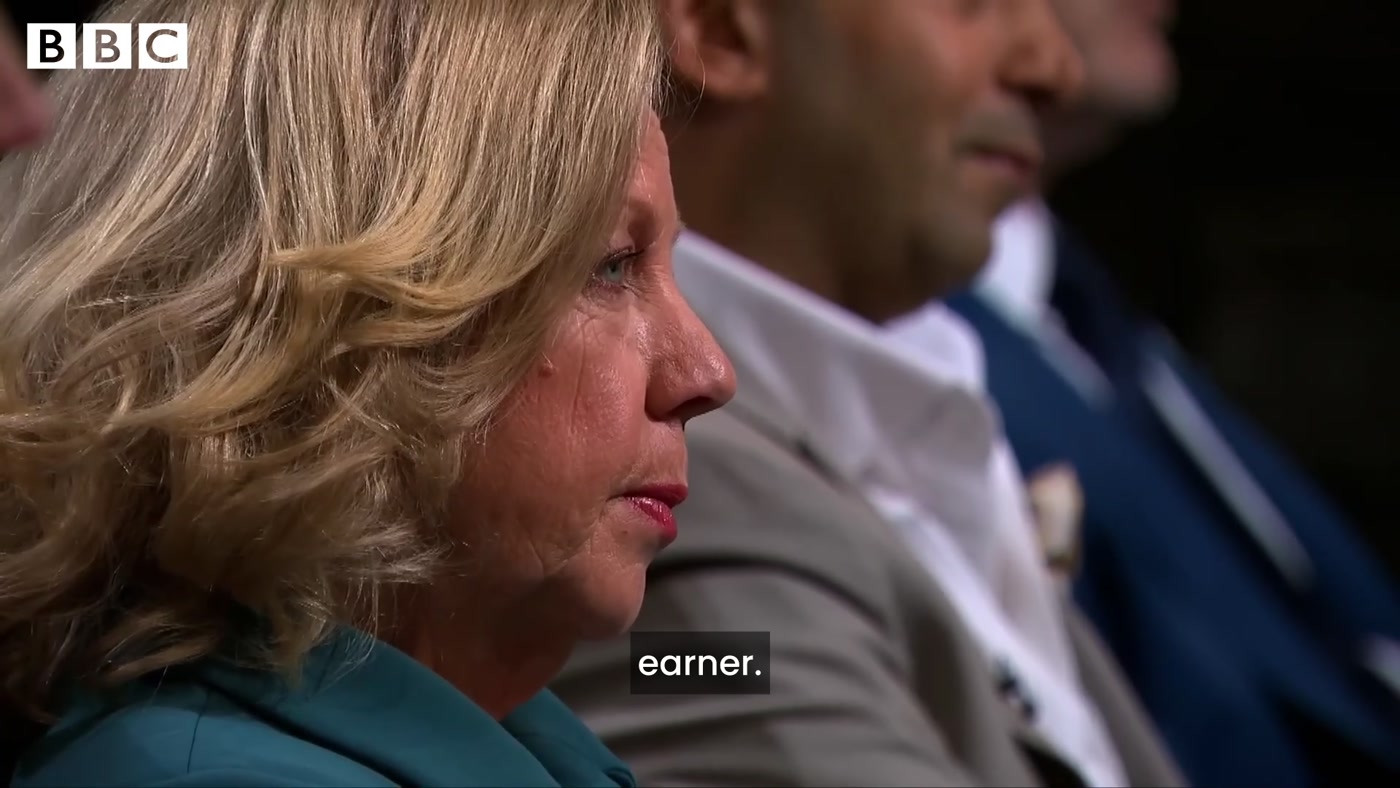 Deborah Meaden in profile, listening to the pitch